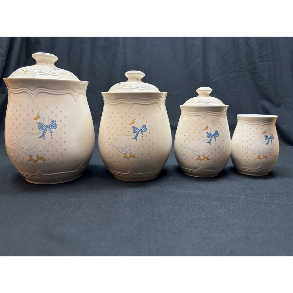 Vtg Tienshan Aunt Rhody Country Goose Canister Set of 4 w/ 3 Lids